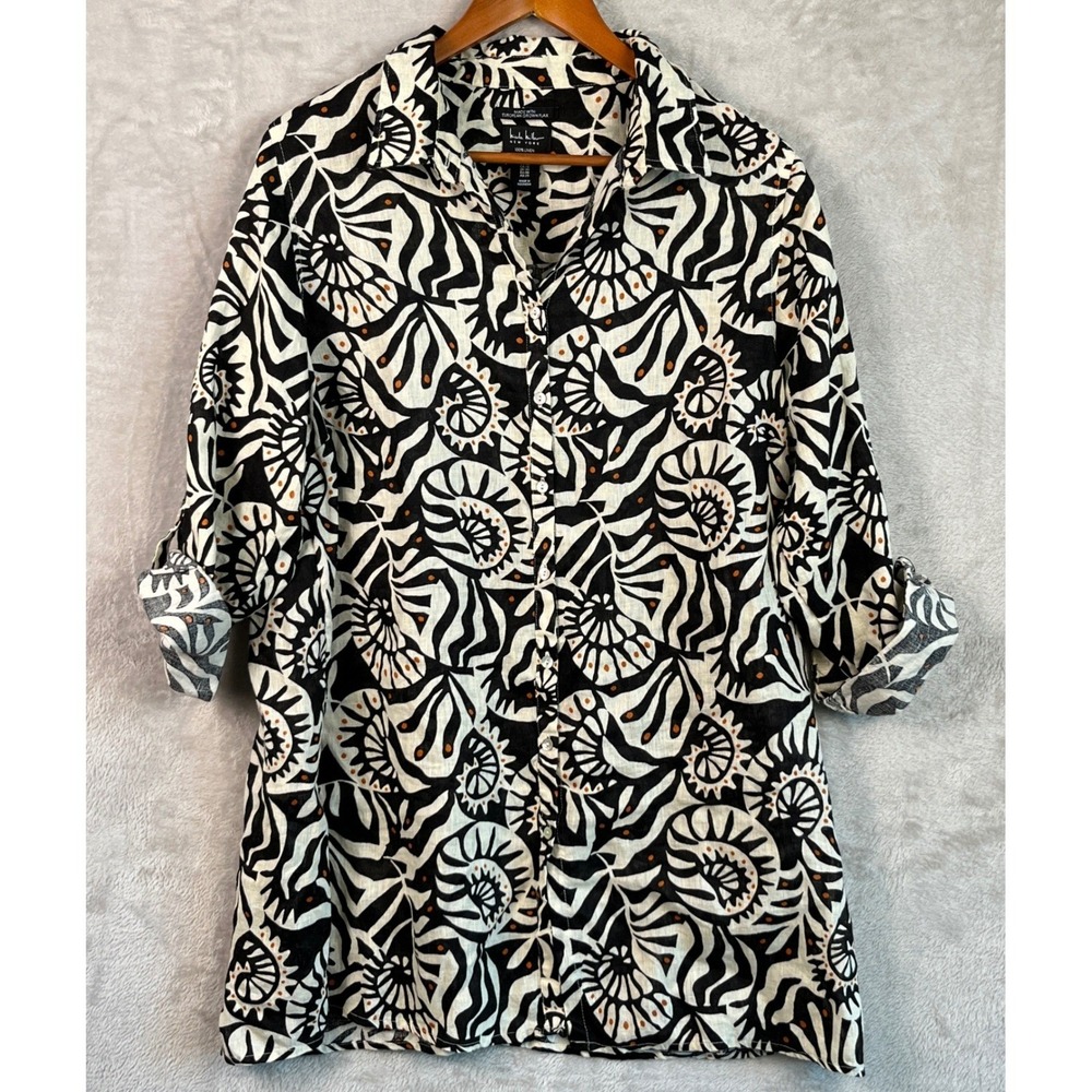 Nicole Miller Women's Linen Tunic Top 1X Abstract Black White Flax Shells Beachy